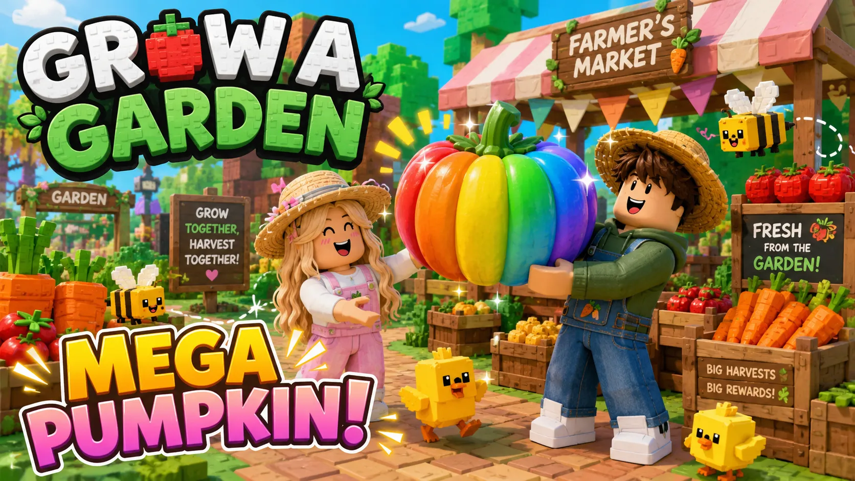 Hình nền PC Roblox Grow a Garden với hai nhân vật bên bí ngô cầu vồng tại khu chợ nông trại