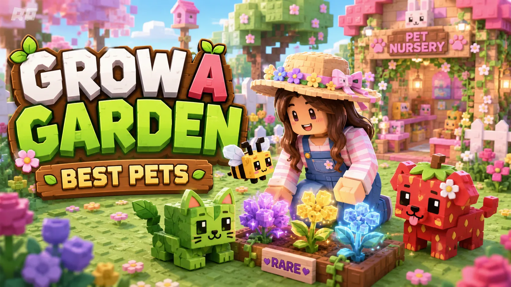 Hình nền PC Roblox Grow a Garden với nhân vật chăm hoa, thú cưng và khu vườn rực rỡ