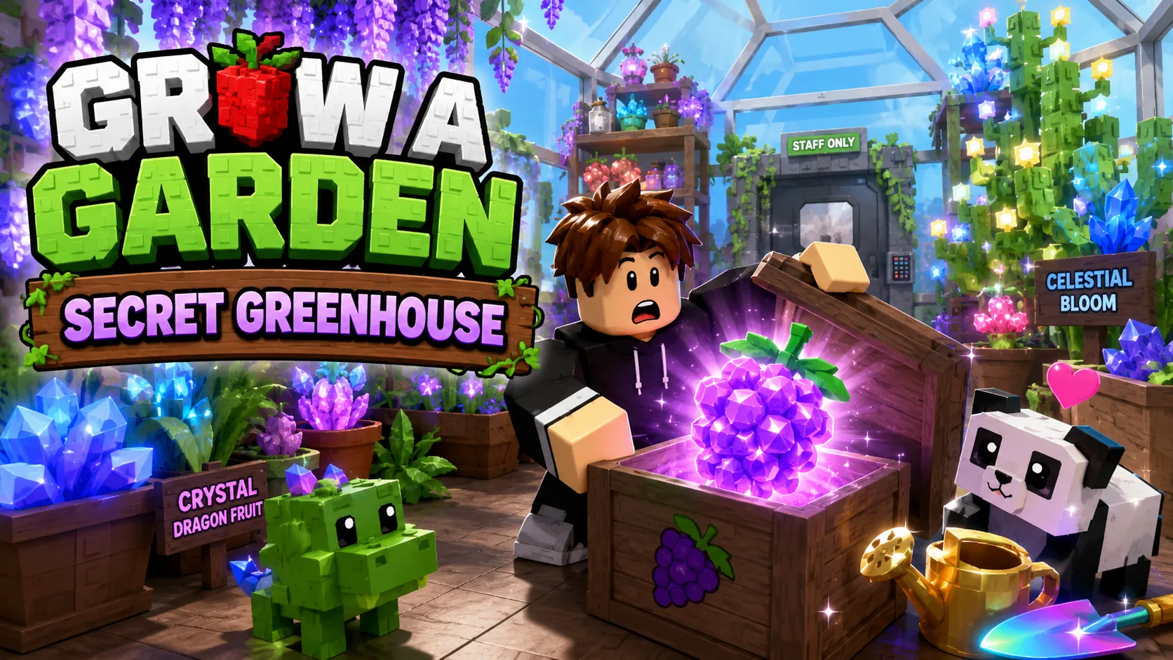 Hình nền PC Roblox Grow a Garden với avatar trong nhà kính phát sáng, thú cưng gấu trúc và quả pha lê tím