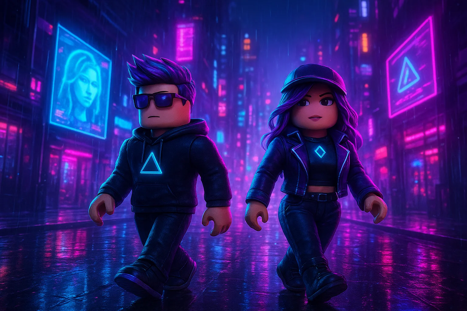 Wallpaper Roblox phong cách cyberpunk với hai avatar bước đi giữa thành phố neon dưới trời mưa, ánh xanh tím phản chiếu trên mặt đường.