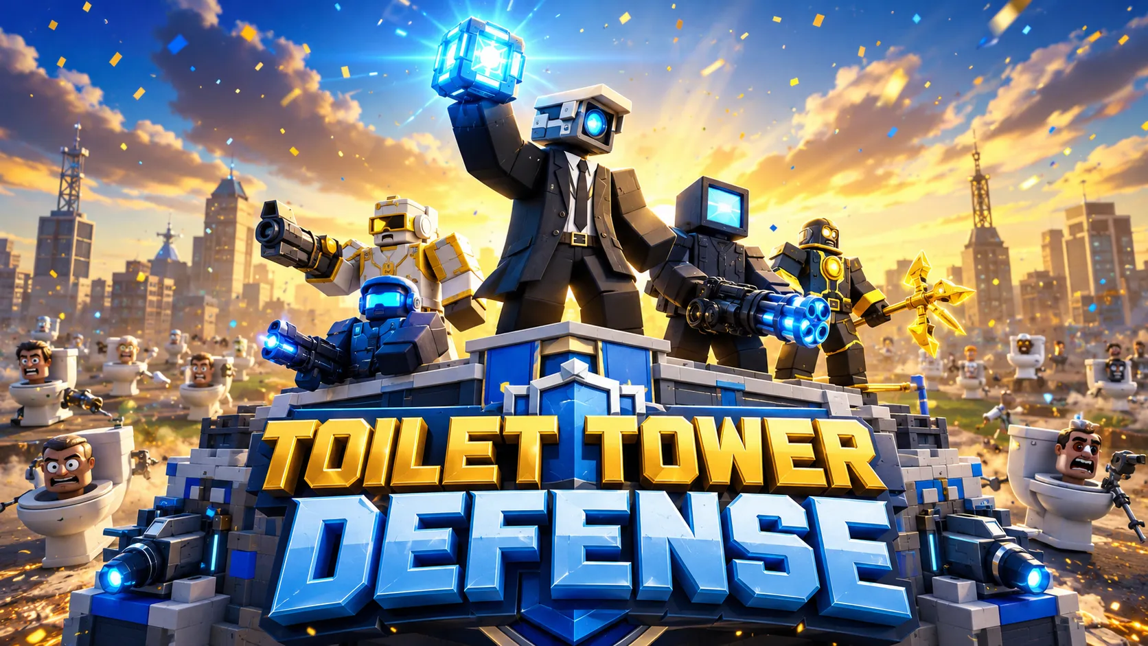 Biệt đội robot cầm vũ khí và khối lập phương phát sáng trên bệ thành lũy Toilet Tower Defense lúc hoàng hôn