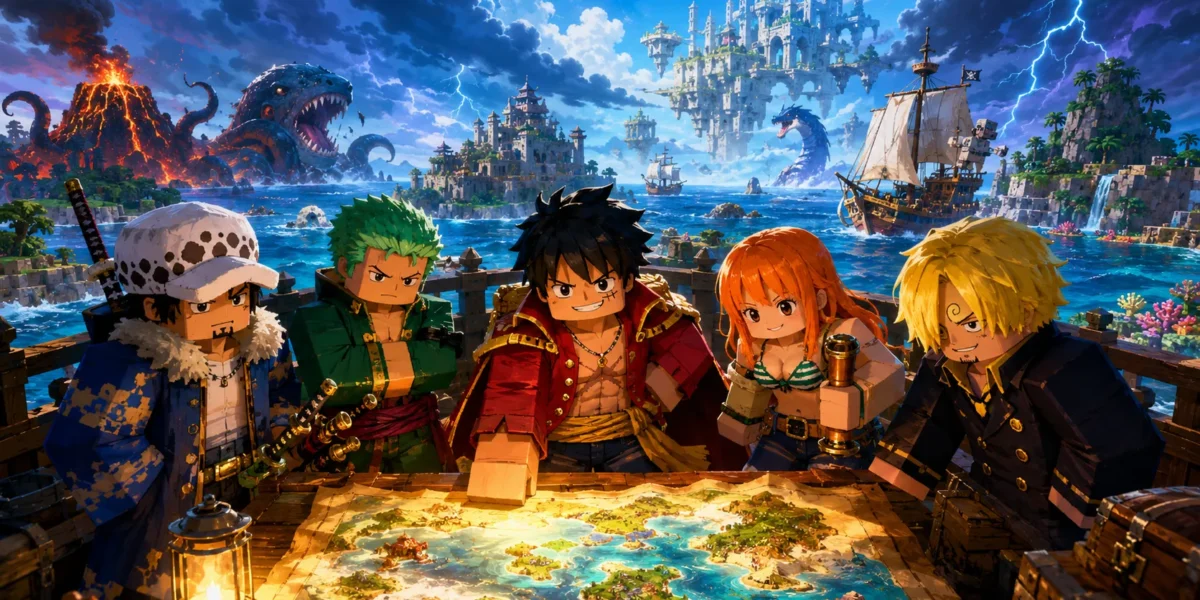 Nhóm năm nhân vật gồm Luffy, Zoro, Sanji, Nami và Law đứng quanh chiếc bàn gỗ trải bản đồ hải đảo trên boong tàu nhìn ra biển giông bão