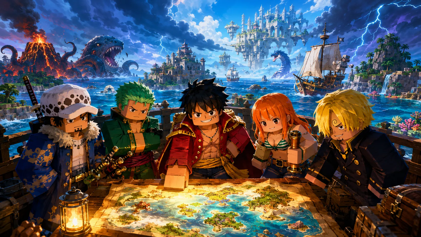 Nhóm năm nhân vật gồm Luffy, Zoro, Sanji, Nami và Law đứng quanh chiếc bàn gỗ trải bản đồ hải đảo trên boong tàu nhìn ra biển giông bão