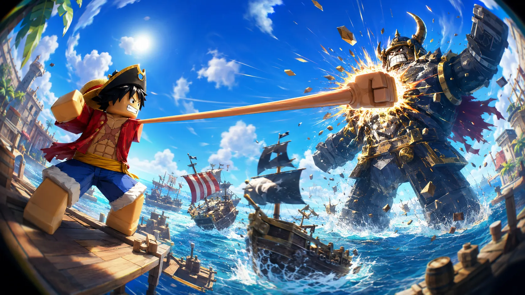 Nhân vật phong cách khối giống Monkey D. Luffy vung cánh tay co giãn tung cú đấm mạnh vào ngực chiến binh mang giáp đen và mũ có sừng tại bến cảng
