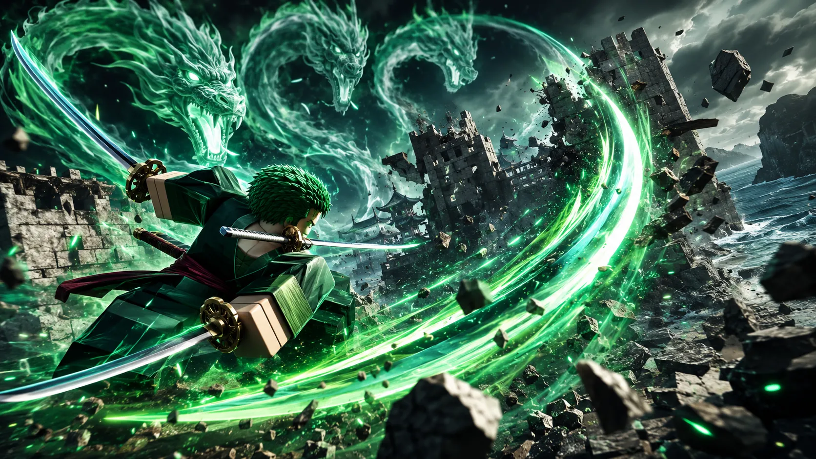 Roronoa Zoro vung ba thanh kiếm tạo luồng chém rồng xanh phát sáng phá hủy pháo đài đá