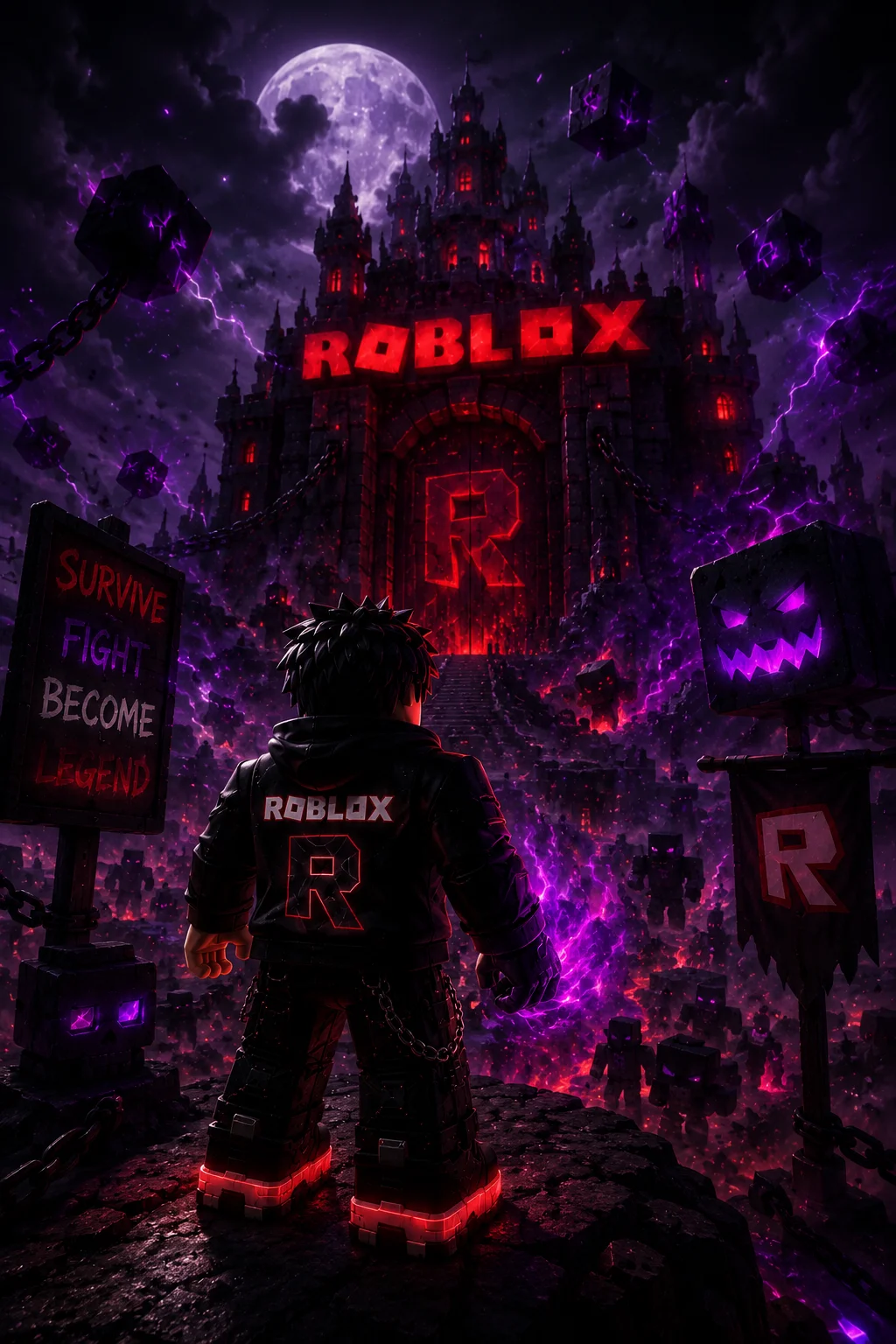 Nhân vật Roblox áo đen đứng trên mỏm đá nhìn về lâu đài hắc ám rực sáng chữ đỏ, bao quanh bởi tia sét tím và các khối đá bay lơ lửng.