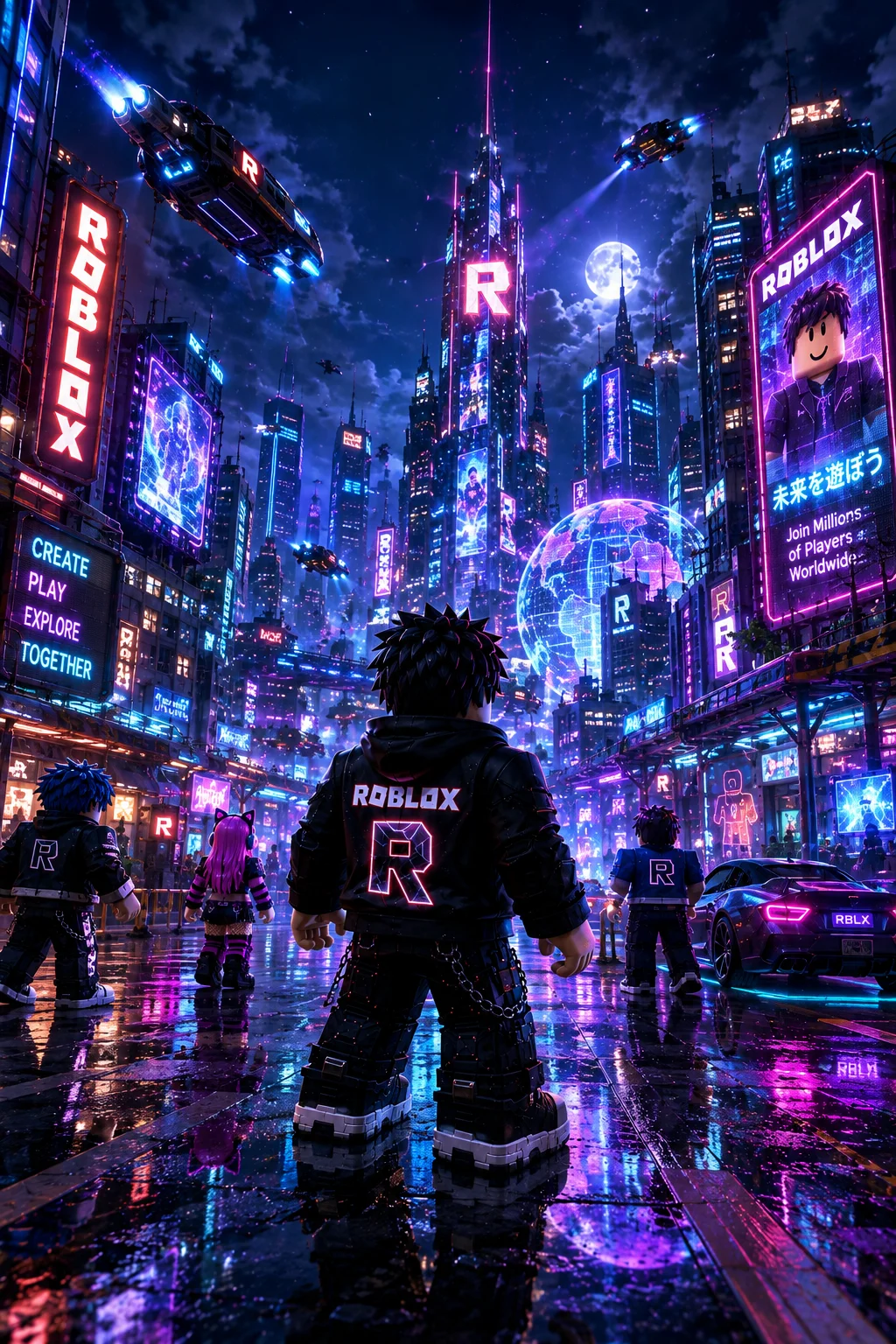 Nhóm nhân vật Roblox đứng trên phố đêm ướt ngắm đô thị tương lai rực rỡ biển hiệu neon, quả cầu hologram và phi thuyền bay lượn.