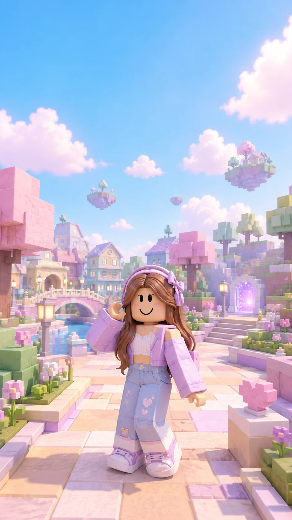 Nhân vật Roblox nữ tóc nâu đeo tai nghe đứng trên đường đá giữa ngôi làng khối pastel, phía sau có cổng vòm phát sáng và đảo bay lơ lửng.