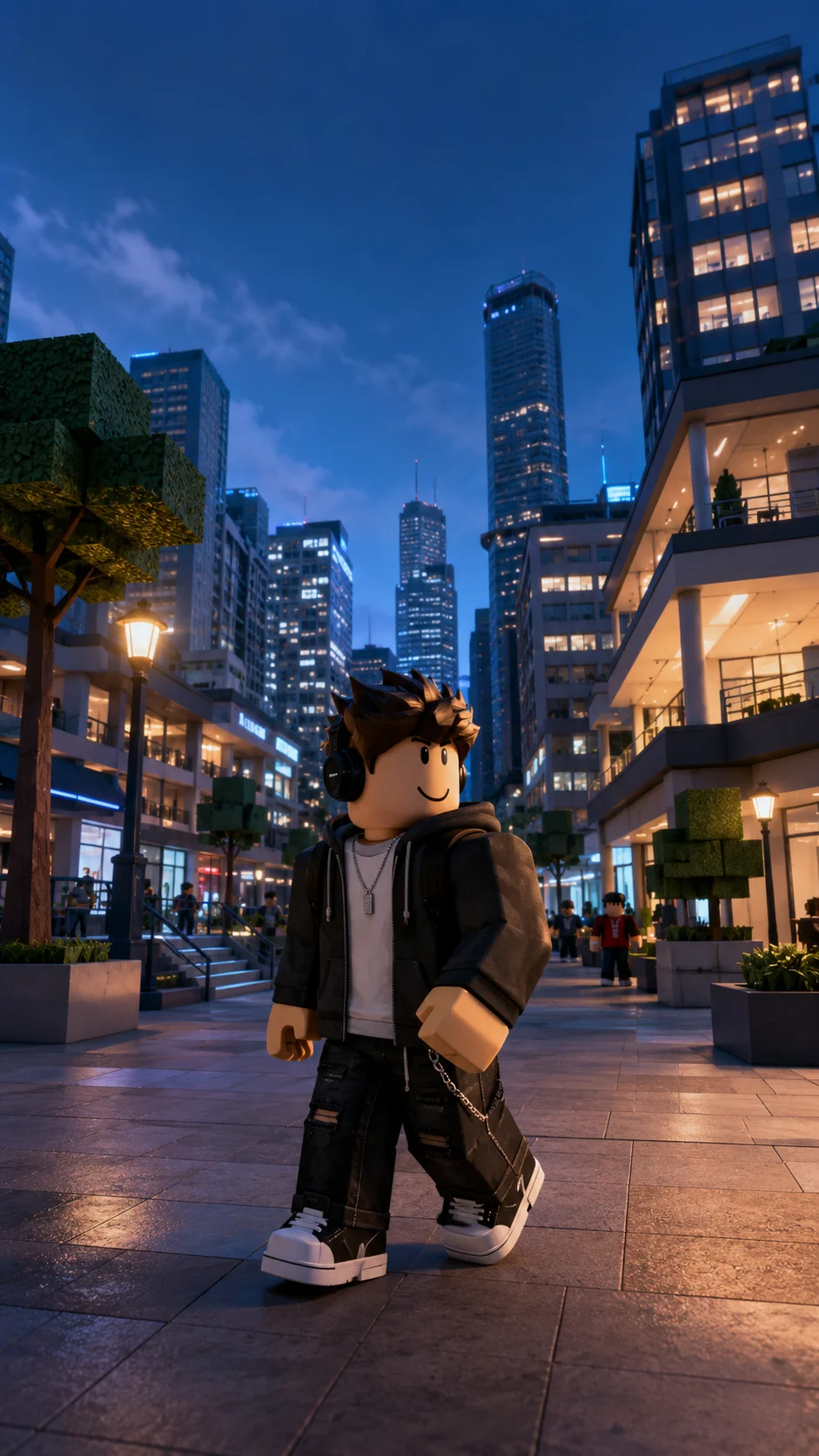 Avatar Roblox bước đi trên phố đô thị về đêm giữa các tòa nhà chọc trời, hình nền dọc cho điện thoại