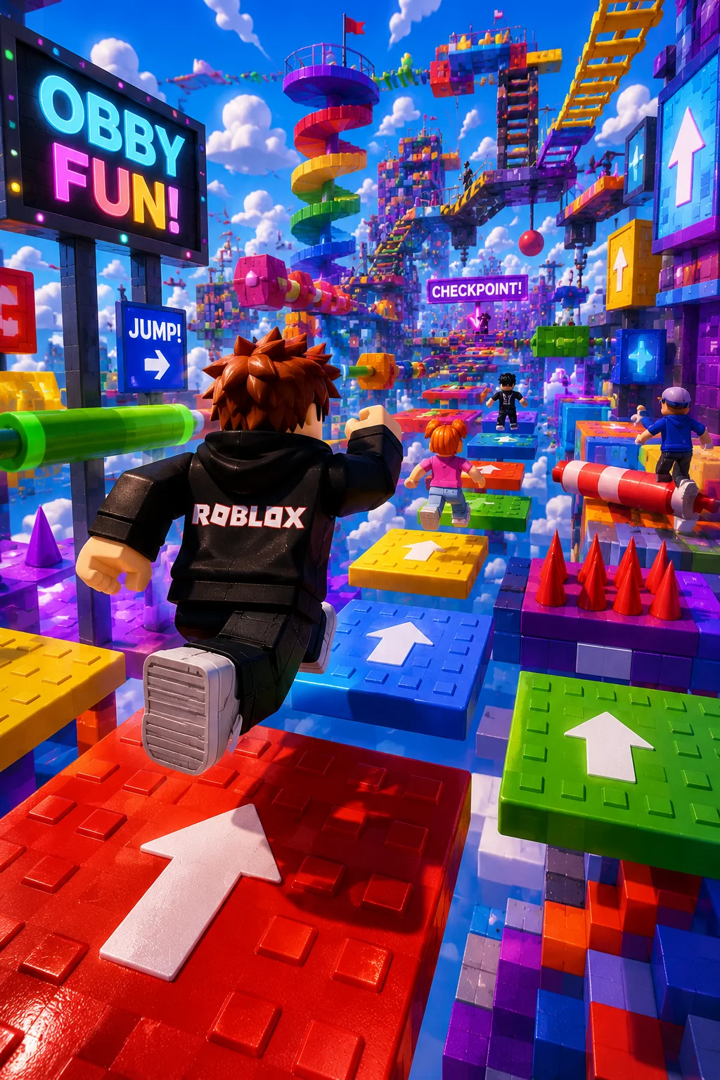 Nhân vật Roblox vượt chướng ngại vật đầy màu sắc, hướng tới checkpoint trong cảnh dọc cho điện thoại.