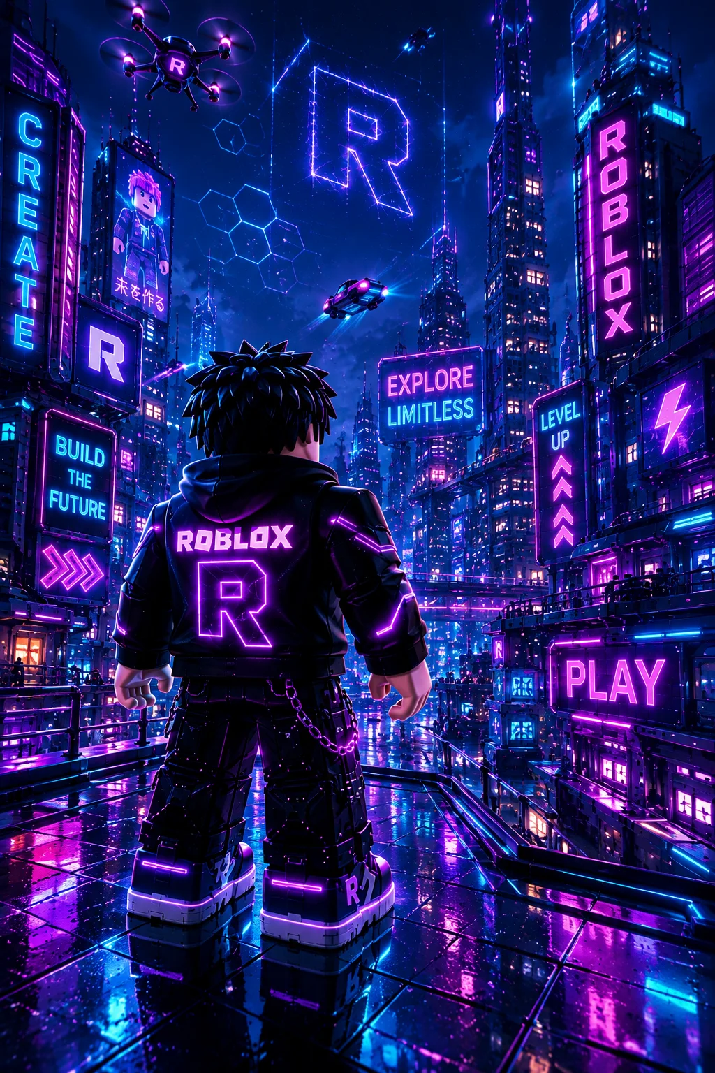 Nhân vật Roblox áo khoác đen đứng trên sân thượng ngắm thành phố tương lai về đêm với ánh đèn neon, drone bay và các tòa nhà chọc trời.