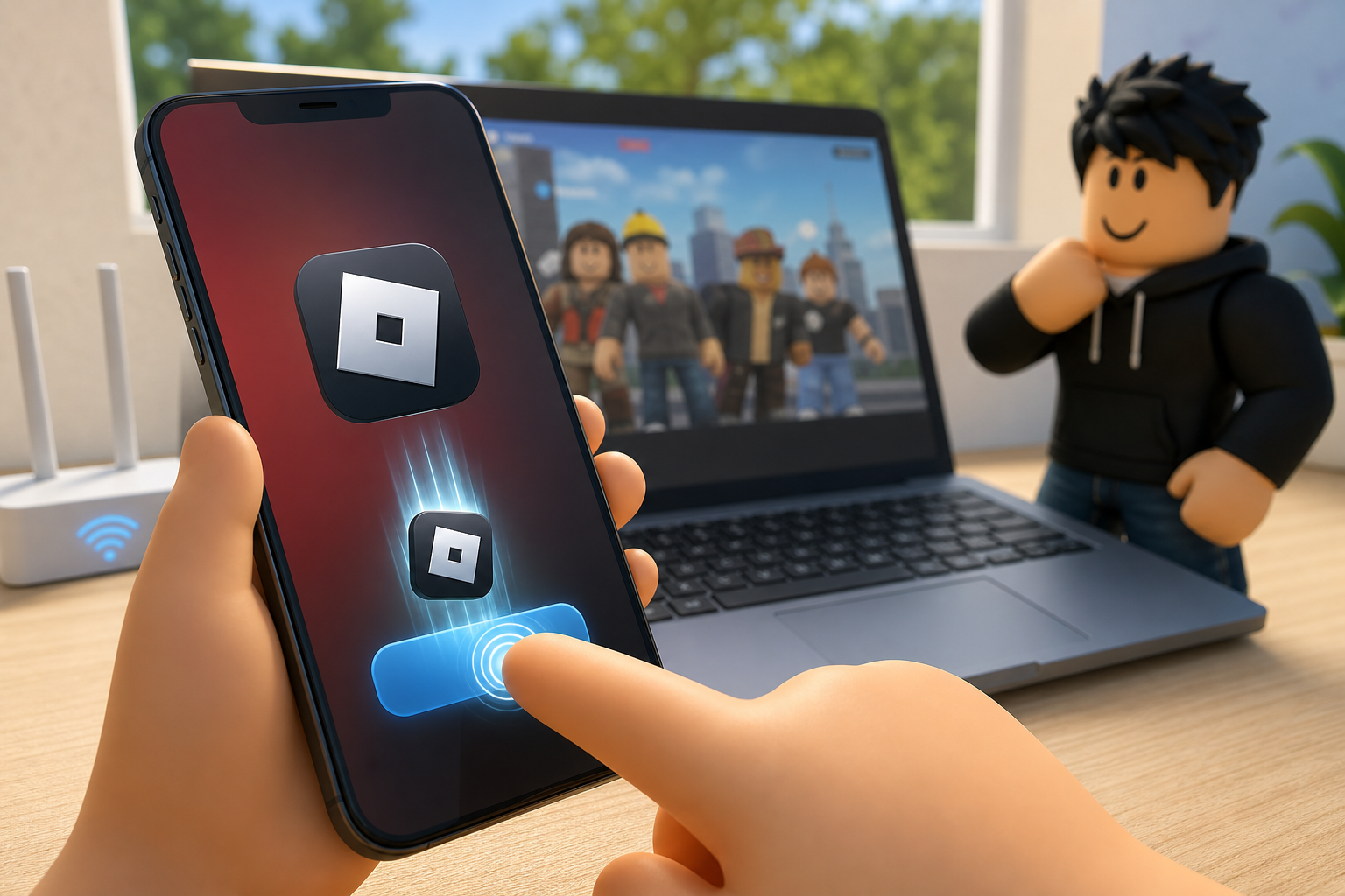 Điện thoại hiển thị biểu tượng Roblox khi một ngón tay chạm nút màu xanh, phía sau là laptop và mô hình nhân vật.
