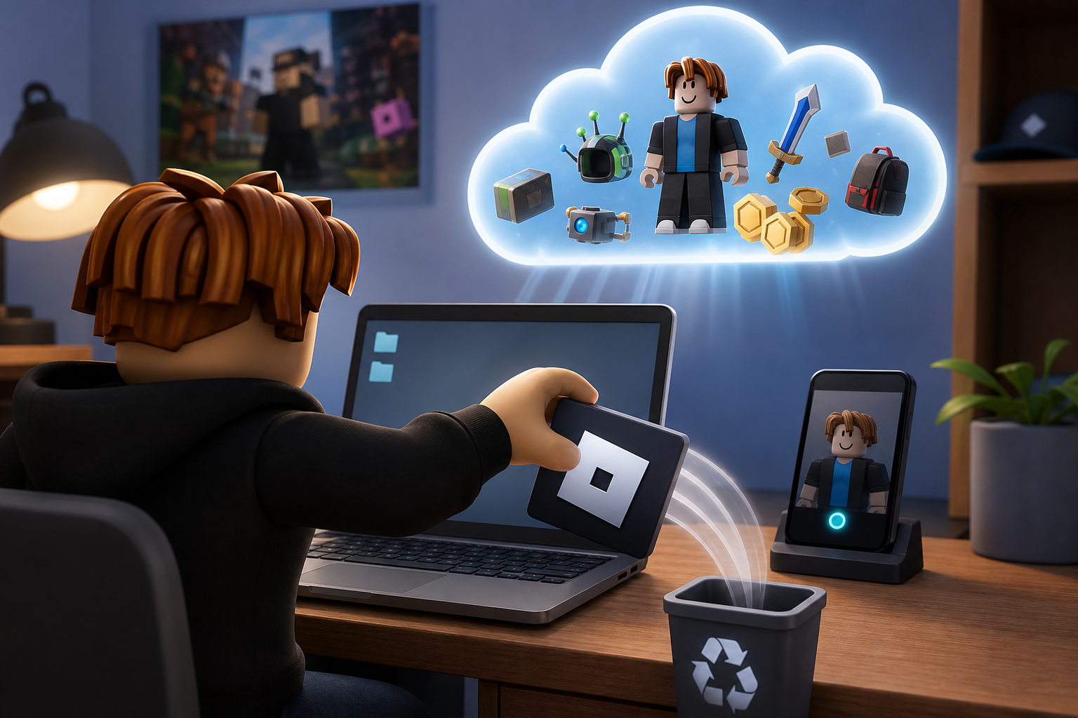 Nhân vật hoạt hình đưa máy tính bảng có biểu tượng Roblox về phía thùng rác cạnh laptop và điện thoại