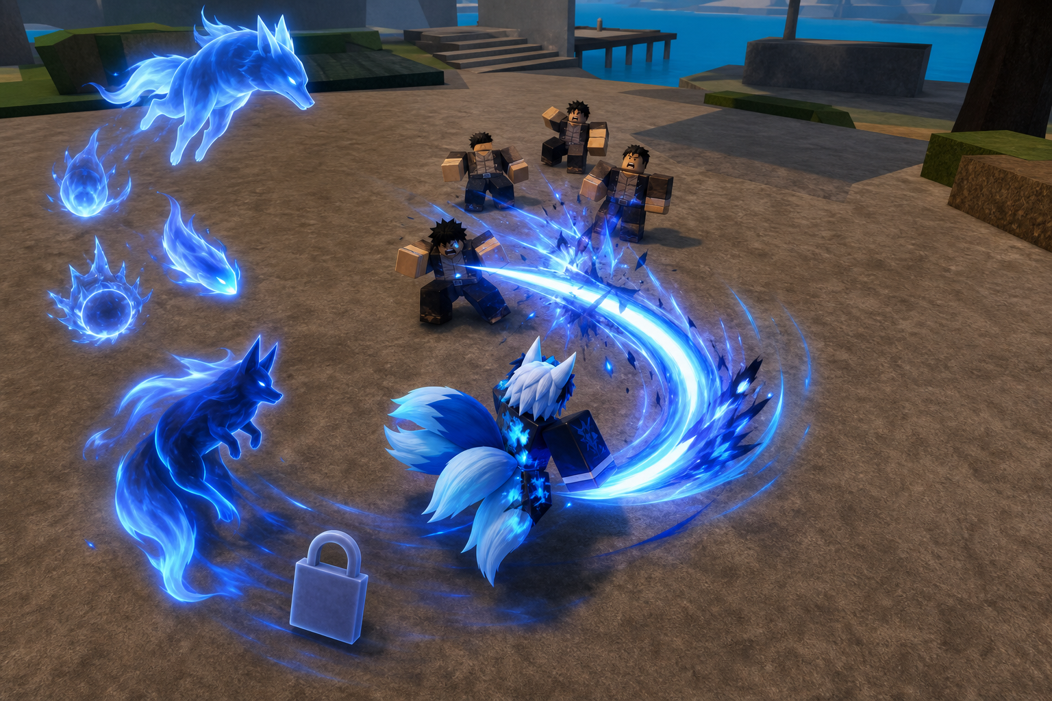 Nhân vật Roblox với nhiều đuôi cáo phát sáng tung đòn năng lượng xanh giữa nhóm đối thủ trên hòn đảo ven biển