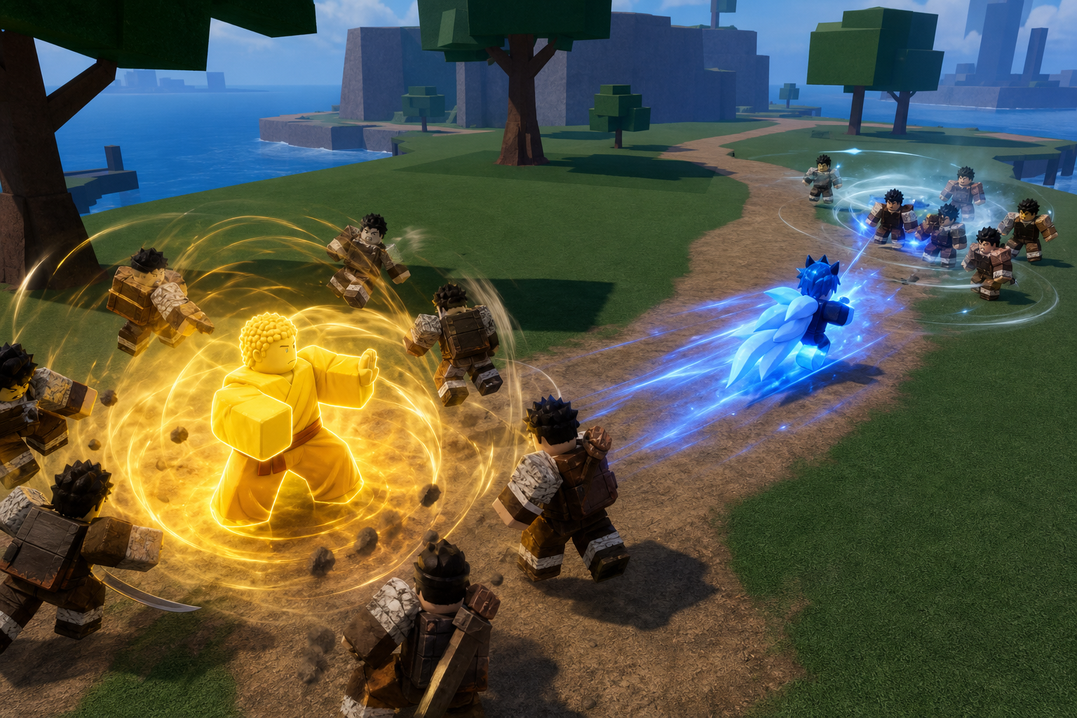 Cảnh gameplay Blox Fruits với nhân vật dạng cáo xanh lướt nhanh đối đầu nhóm NPC và nhân vật vàng phát sáng giữa đảo ven biển.