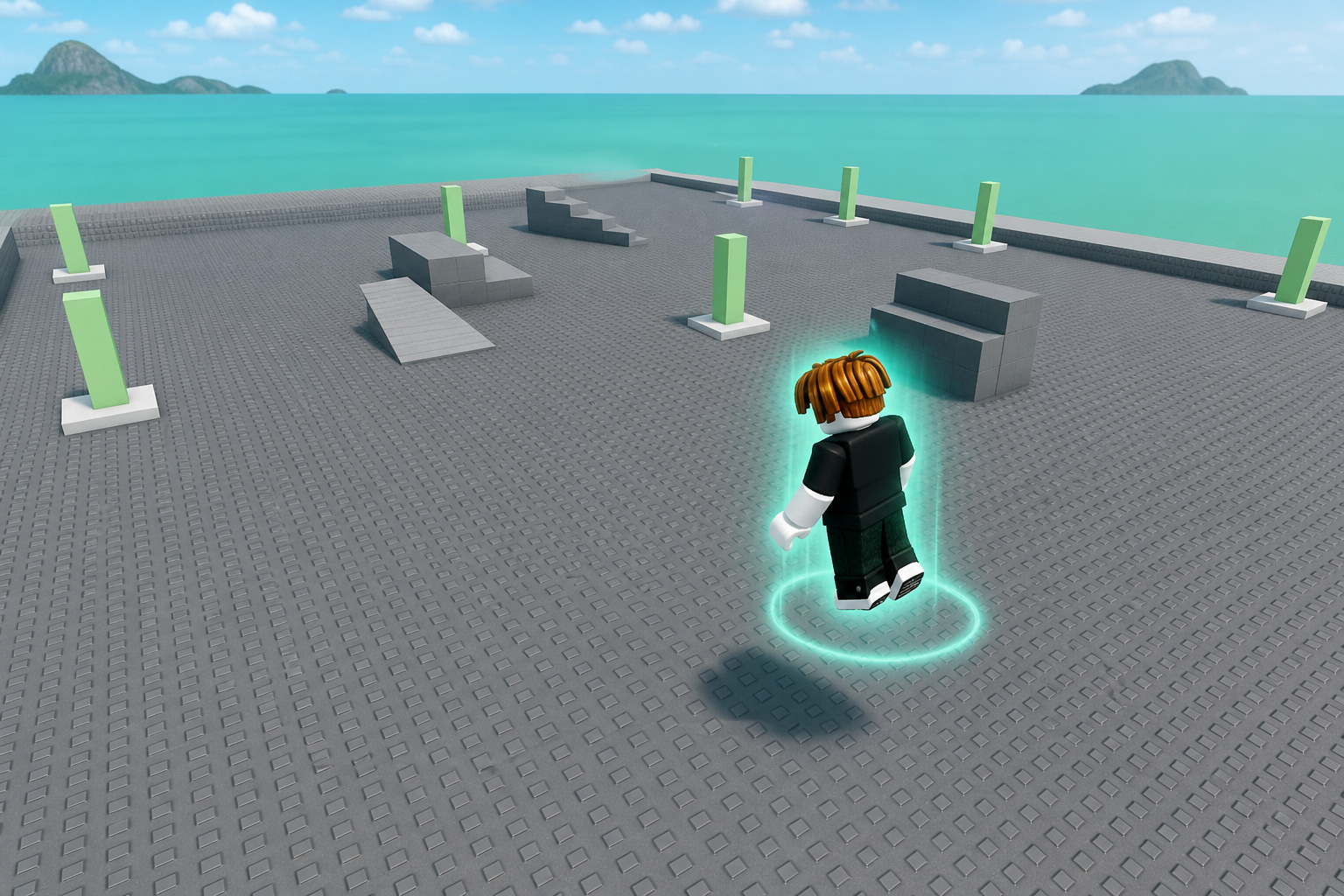 Nhân vật Roblox phát sáng đứng trên sân tập với các cột xanh và công trình thấp bên bờ biển