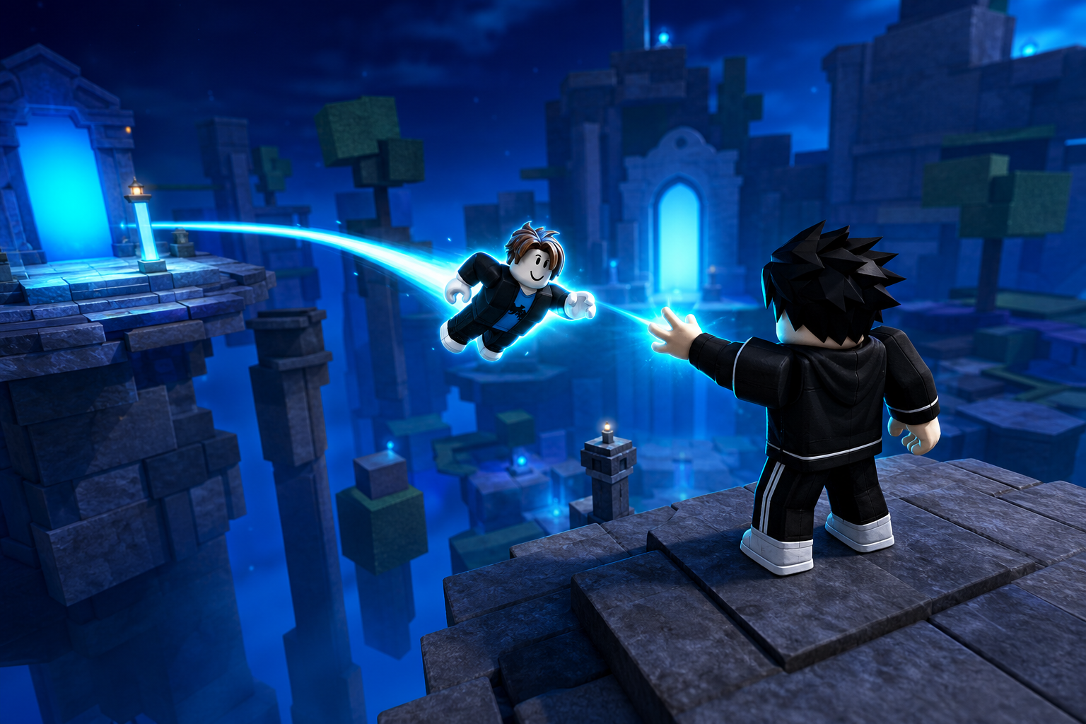 Hai nhân vật Roblox giữa không trung phát sáng, được nối bởi luồng năng lượng xanh trong bối cảnh tàn tích đêm