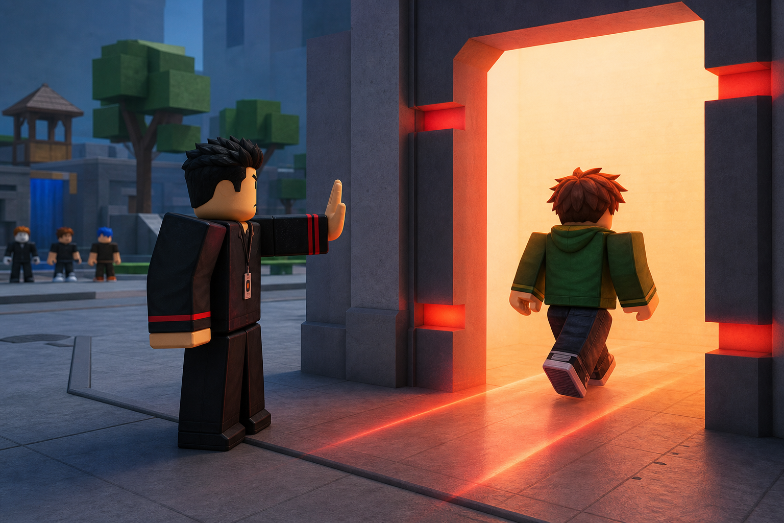 Lệnh admin Roblox với nhân vật áo đen giơ tay khi nhân vật áo xanh bước qua cổng phát sáng
