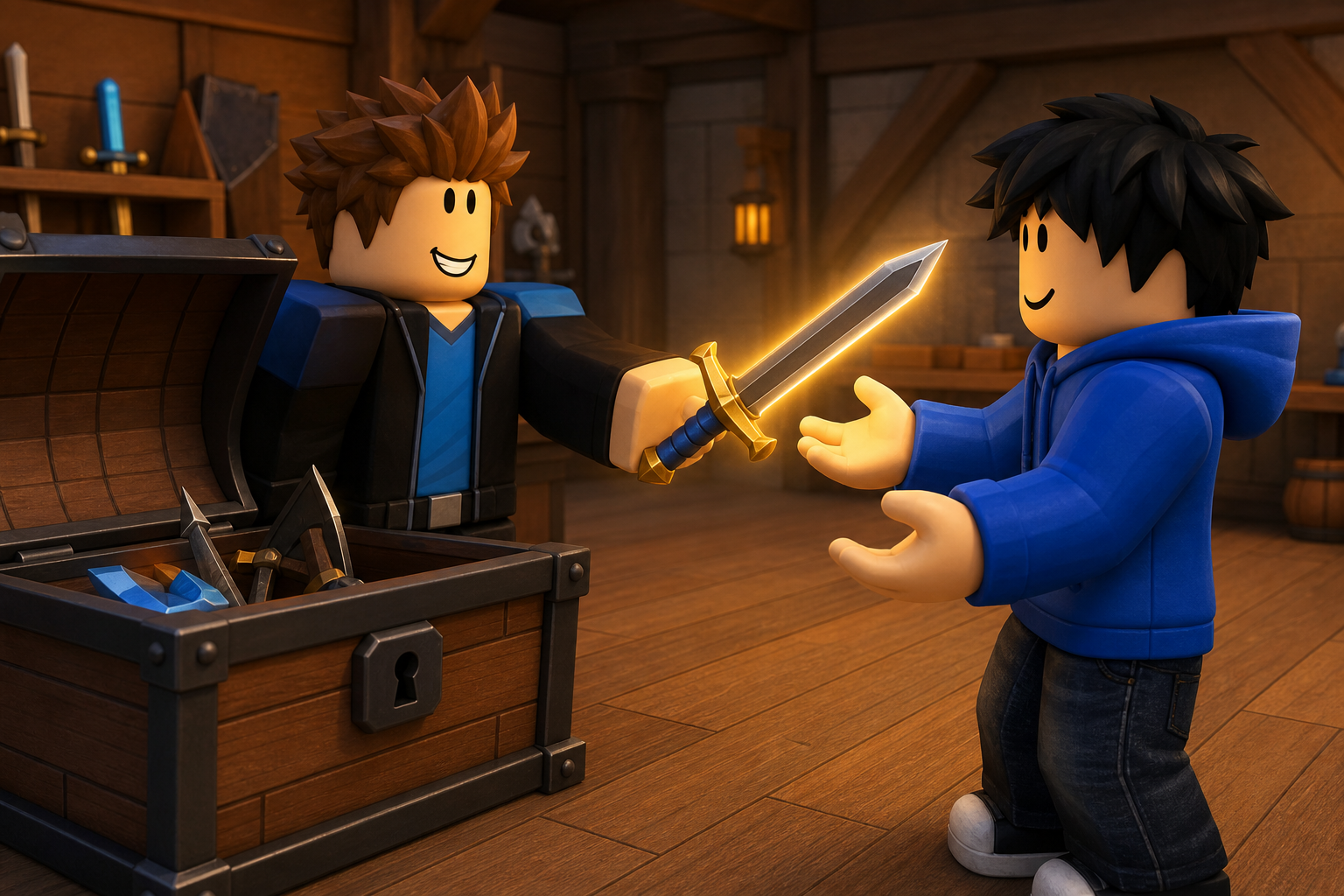 Minh họa lệnh admin Roblox cấp thanh kiếm cho nhân vật giữa căn phòng gỗ