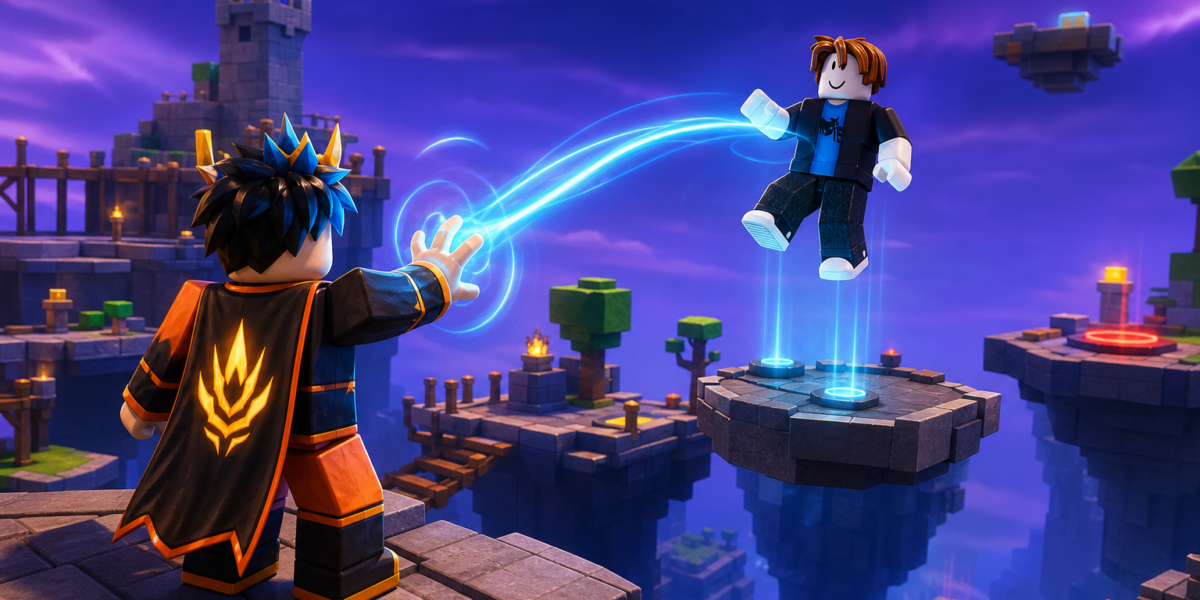 Nhân vật Roblox mặc áo choàng phát tia năng lượng xanh về phía nhân vật đang lơ lửng trên các đảo đá giữa không trung.