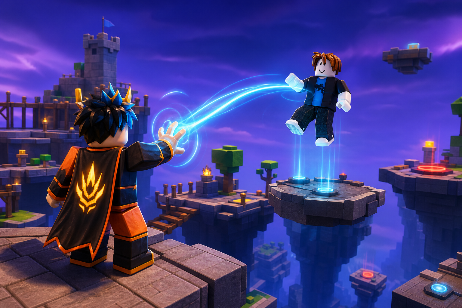 Nhân vật Roblox mặc áo choàng phát tia năng lượng xanh về phía nhân vật đang lơ lửng trên các đảo đá giữa không trung.