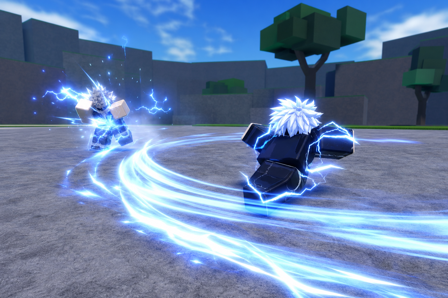 Hai nhân vật Roblox đang giao tranh trên sân trống, một người bọc tia điện xanh và để lại vệt sáng khi lao tới.