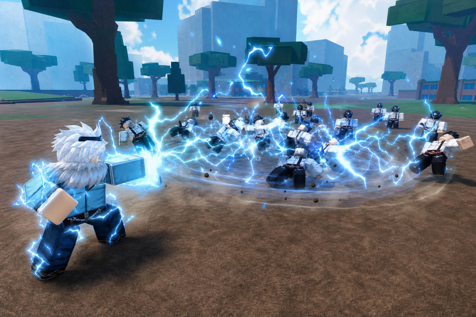 Nhân vật Roblox phát ra tia sét xanh đánh trúng nhiều NPC đứng thành cụm trên bãi đất trống trong khung cảnh ngoài trời.