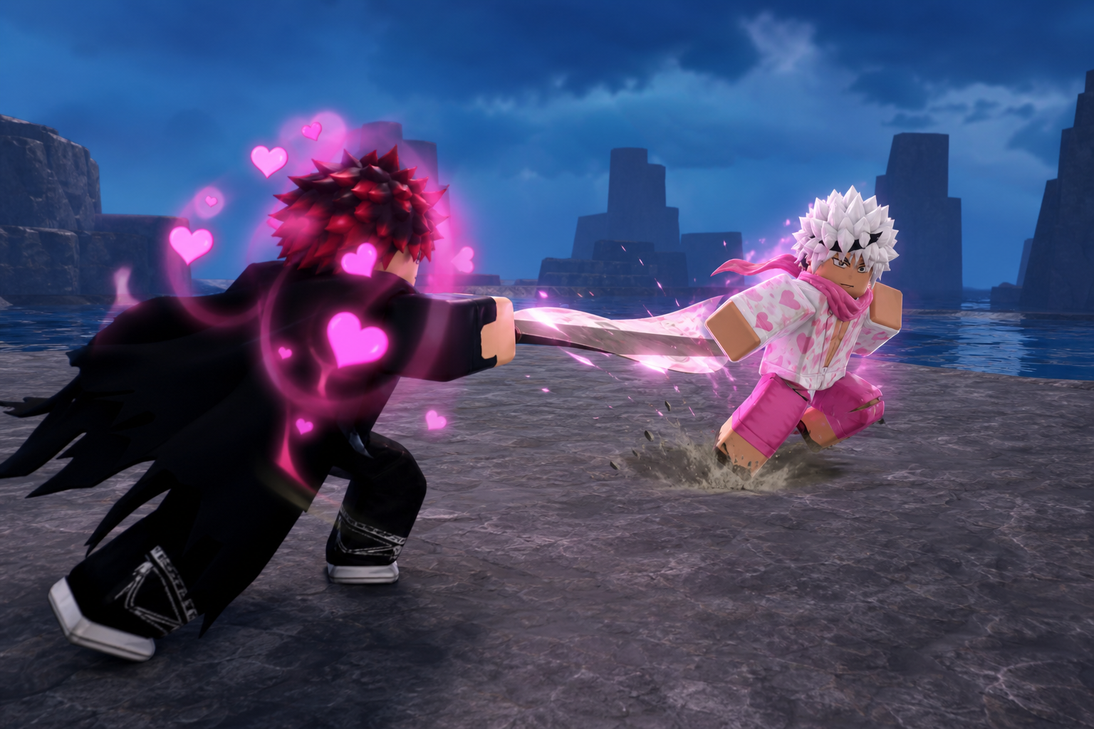 Hai nhân vật Roblox giao chiến, một người phát sáng với các biểu tượng trái tim hồng bao quanh