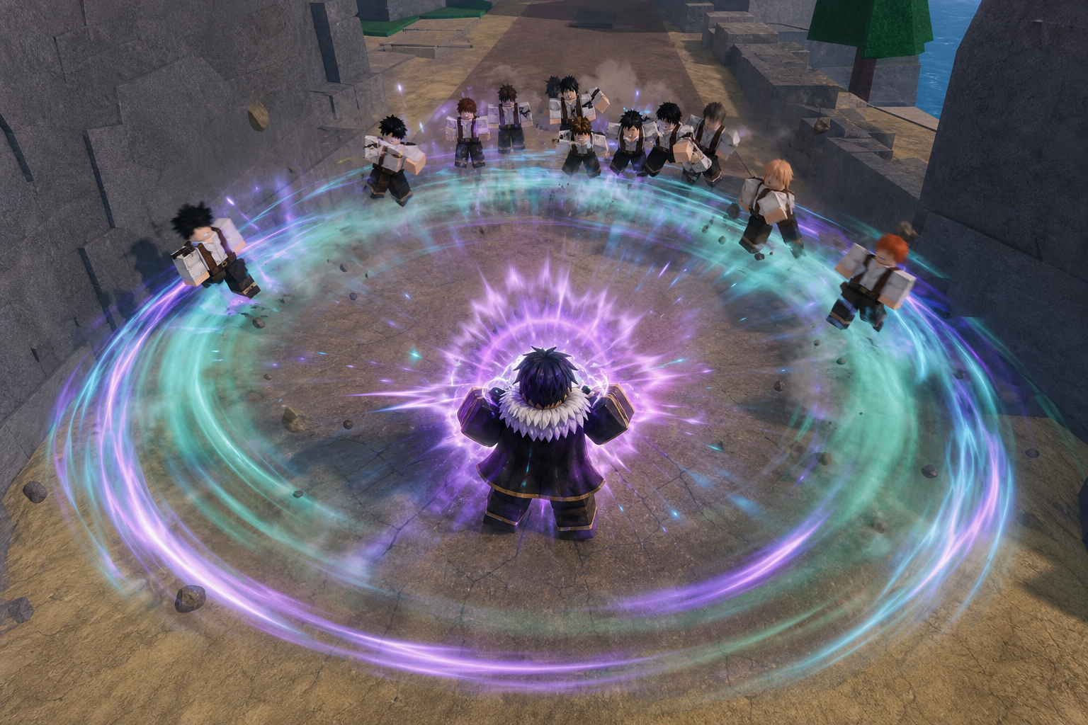 Nhân vật trung tâm phát ra vòng năng lượng tím xanh, bao quanh bởi nhiều nhân vật đang bị hất lên trong khu vực đá.