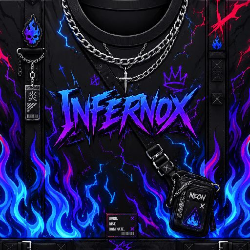 Thiết kế mặt trước áo Roblox phong cách streetwear với ngọn lửa neon xanh tím, dây xích và phụ kiện cá tính.