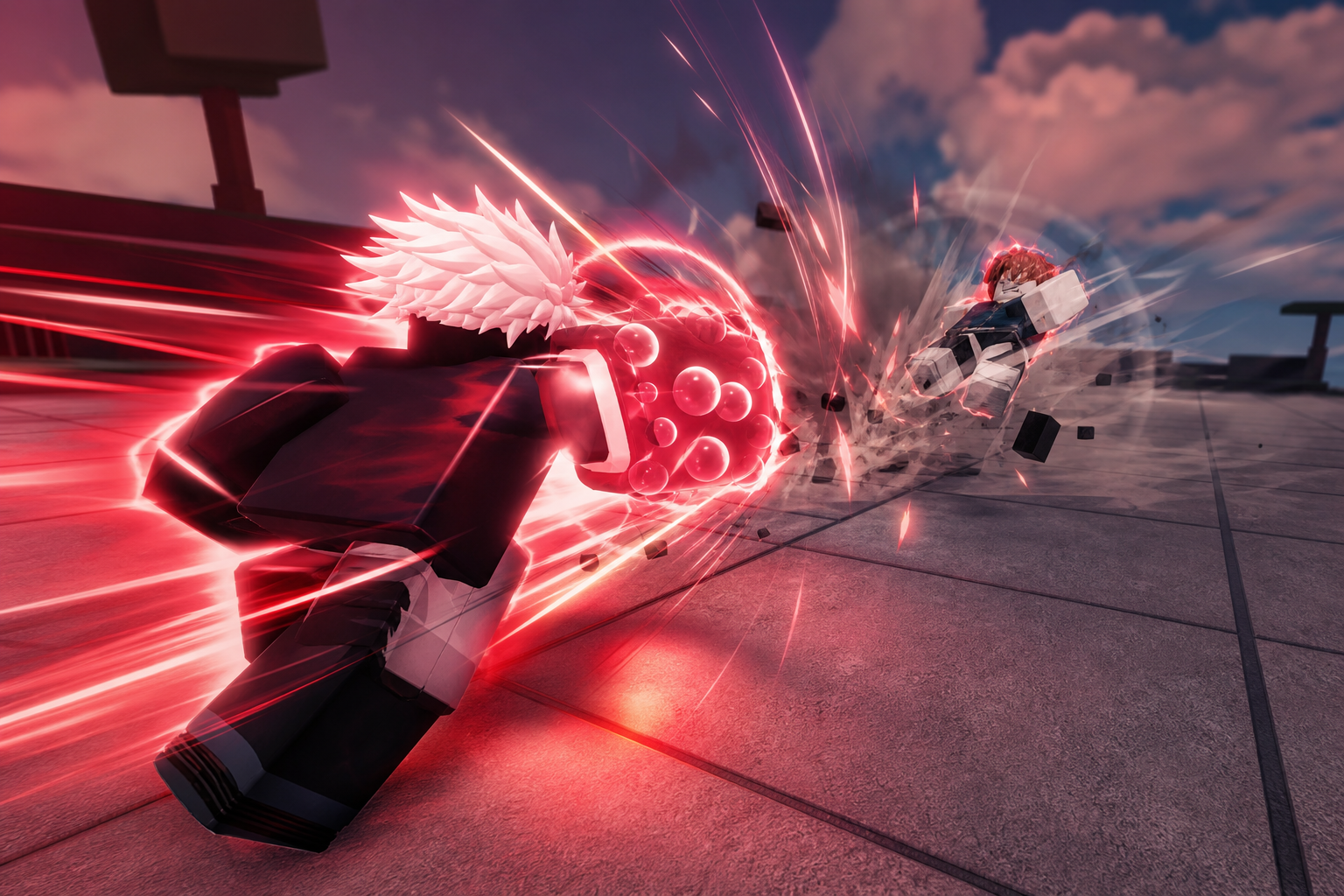 Hai nhân vật kiểu Roblox đang lao vào nhau trên sân lát gạch, một bên phát sáng đỏ và tạo hiệu ứng va chạm mạnh.