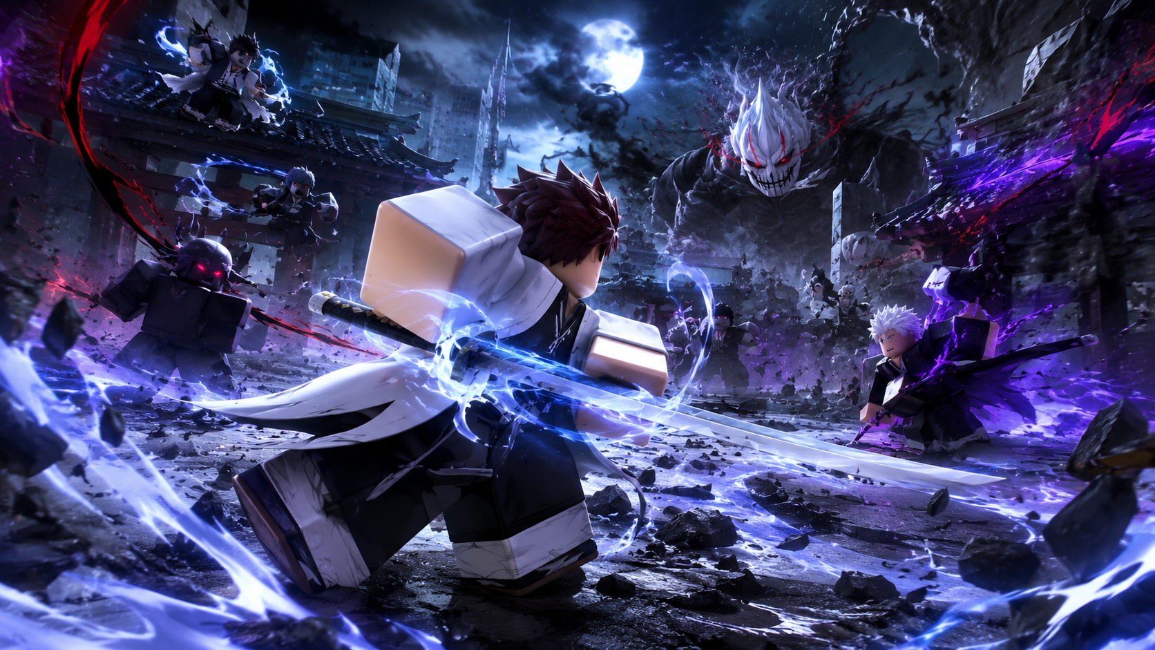 Wallpaper Peroxide 4K phong cách Roblox với kiếm sĩ linh hồn cầm katana chiến đấu giữa tàn tích đêm tối, năng lượng xanh tím và quái vật mặt nạ.
