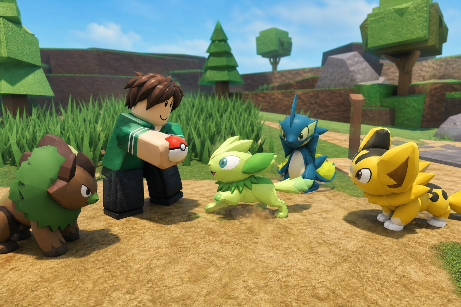 Nhân vật Roblox cầm Poké Ball giữa bốn sinh vật giống Pokémon trên lối đất, trong khu vực cỏ cây ngoài trời.