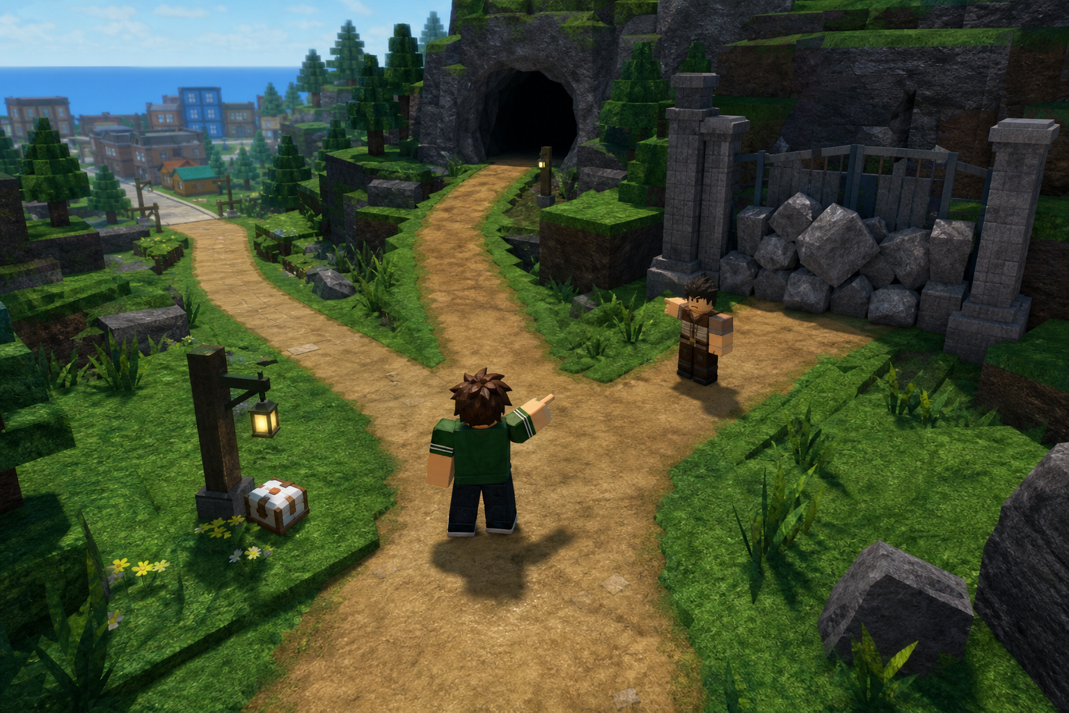 Nhân vật Roblox đứng trên đường đất giữa thành phố, hang động, cầu đá và rương đồ trong Pokémon Brick Bronze