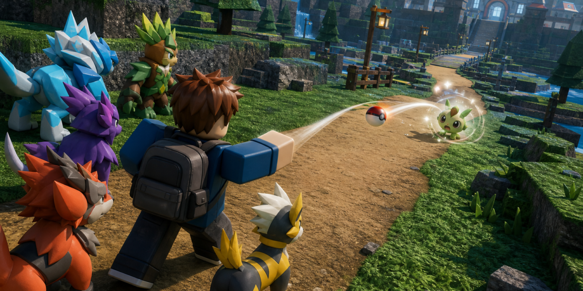 Nhân vật Roblox ném một quả bóng đỏ trắng về phía sinh vật nhỏ trên con đường giữa nhóm đồng hành