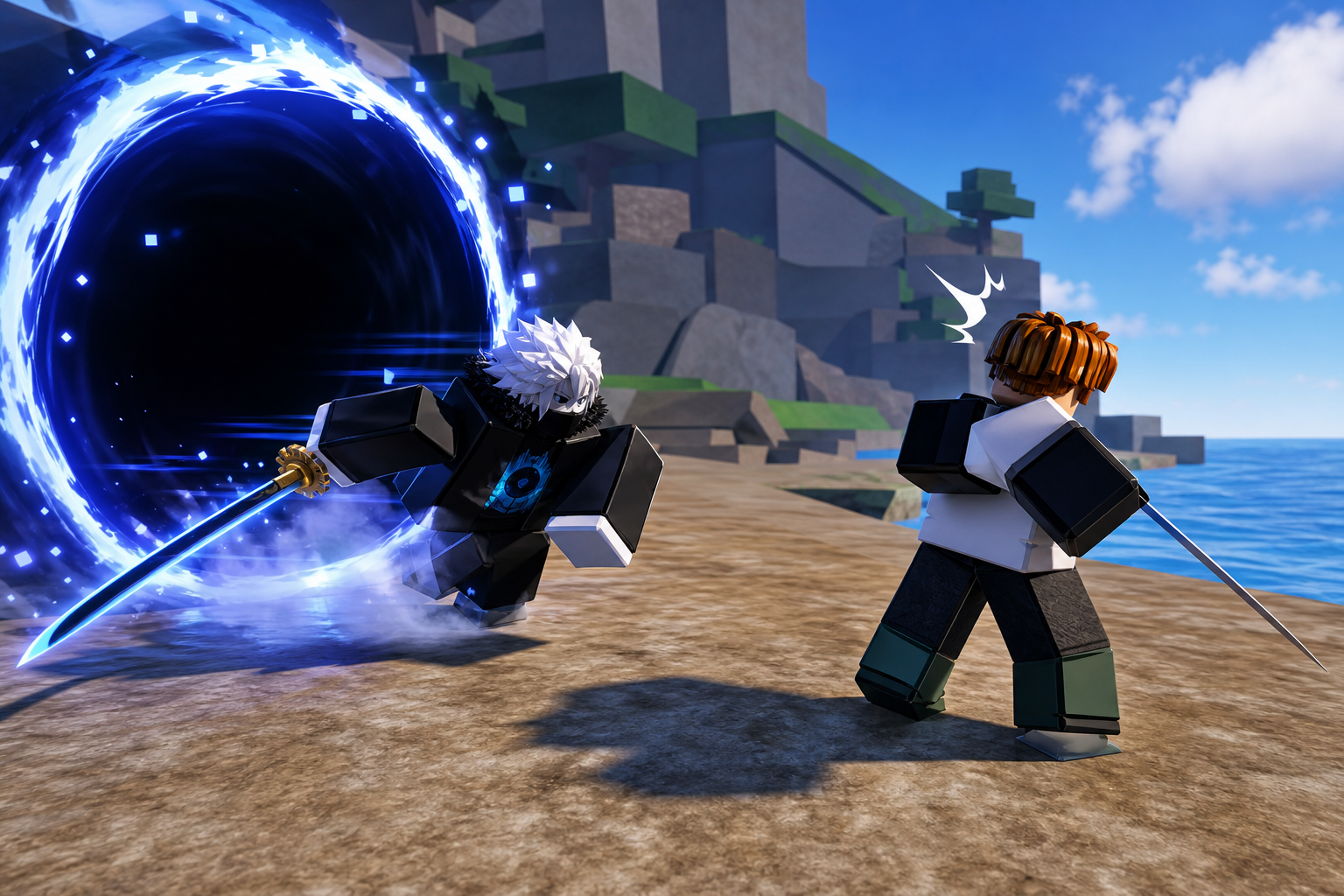 Hai nhân vật kiểu Roblox đứng trên bãi đá ven biển, một người mở cổng xoáy xanh phát sáng và cầm kiếm.