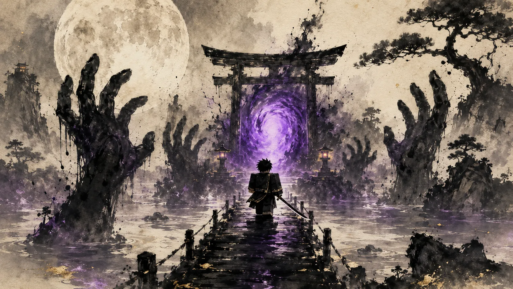 Nhân vật Roblox đứng trên cầu gỗ hướng về cổng torii xoáy tím giữa đầm nước dưới trăng