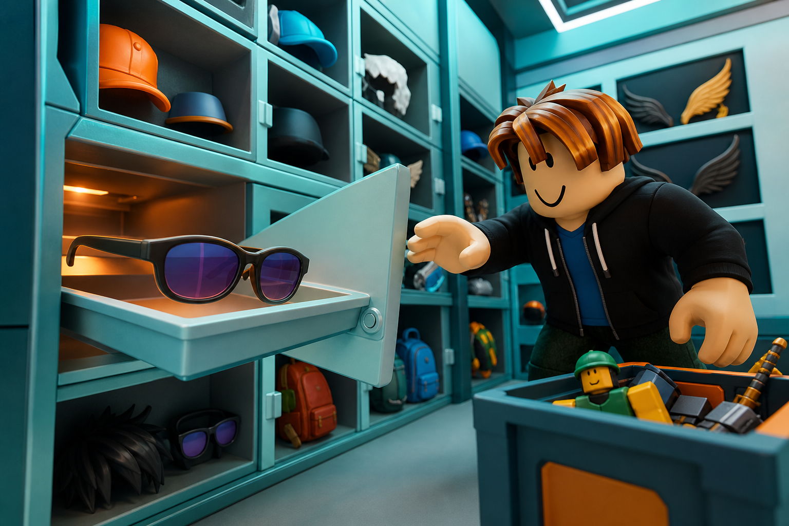 Nhân vật Roblox tìm kính râm trong ngăn kéo giữa các phụ kiện avatar tại phòng lưu trữ