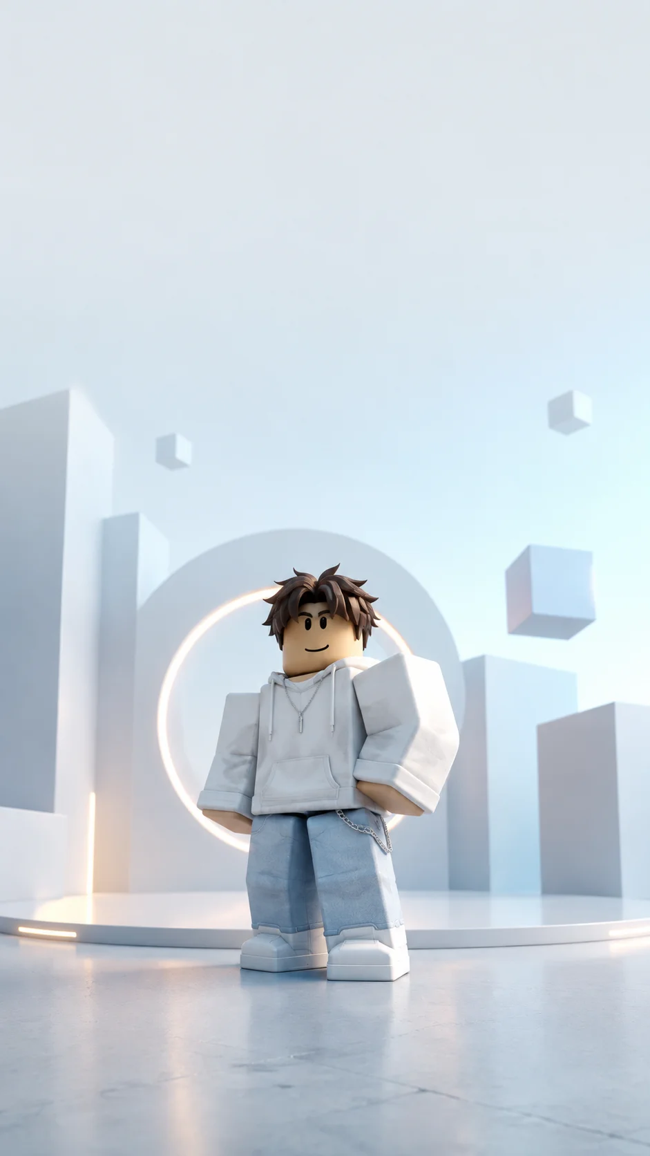 Nhân vật Roblox tóc nâu đứng trong không gian hình học trắng xanh, hình nền dọc cho điện thoại