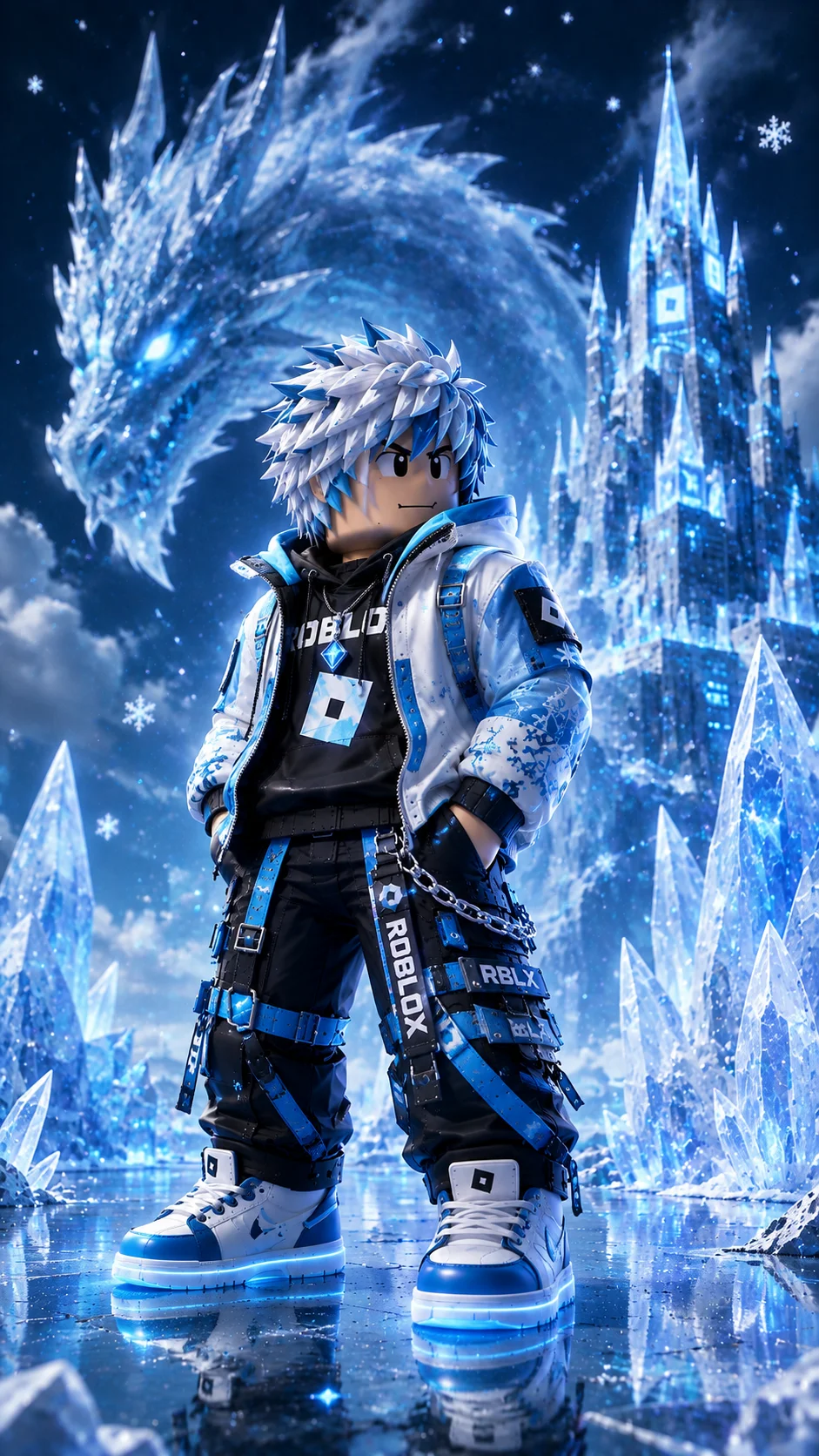 Nhân vật Roblox đứng giữa lâu đài băng, rồng băng phía sau trong cảnh tuyết dọc cho màn hình di động
