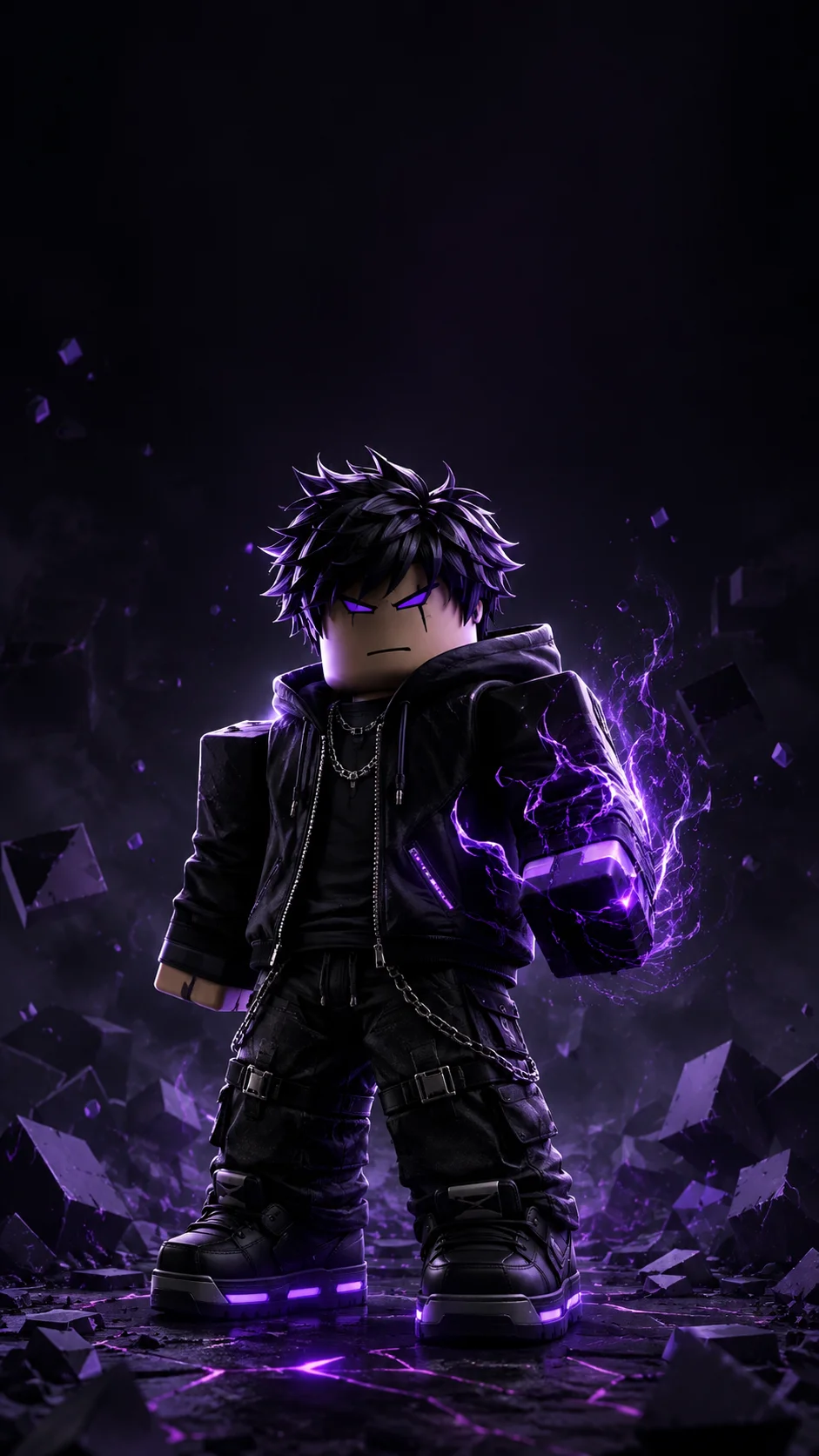 Avatar nam Roblox đứng giữa đá vỡ và luồng năng lượng tím phát sáng trong cảnh tối, hình nền dọc cho điện thoại.