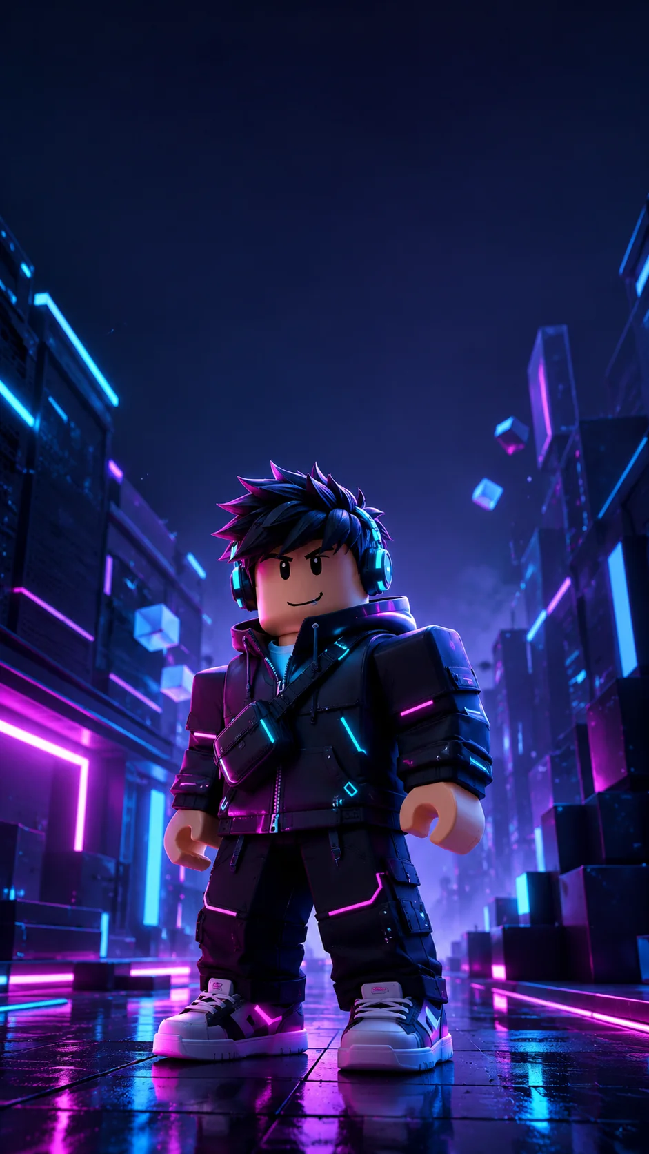 Nhân vật Roblox đứng trong phố neon tương lai phản chiếu ánh sáng, hình nền dọc cho điện thoại 941x1672