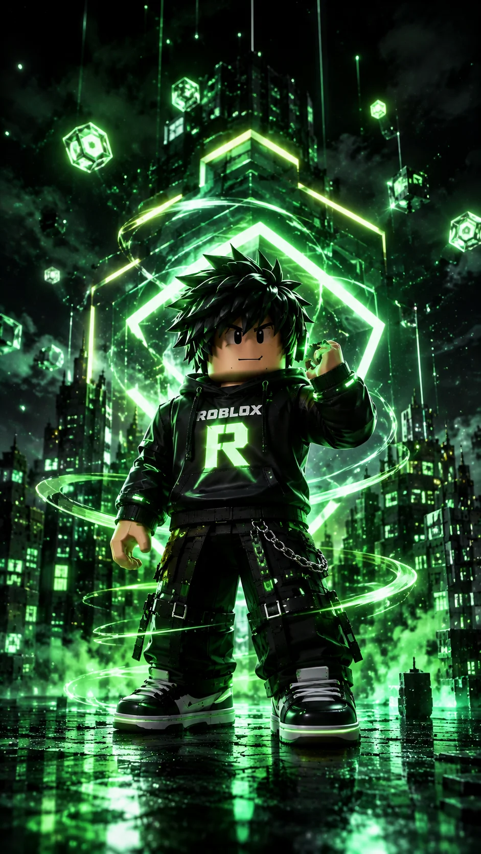 Nhân vật Roblox đứng giữa thành phố cyberpunk phát sáng xanh lục, phù hợp làm hình nền điện thoại dọc 941x1672