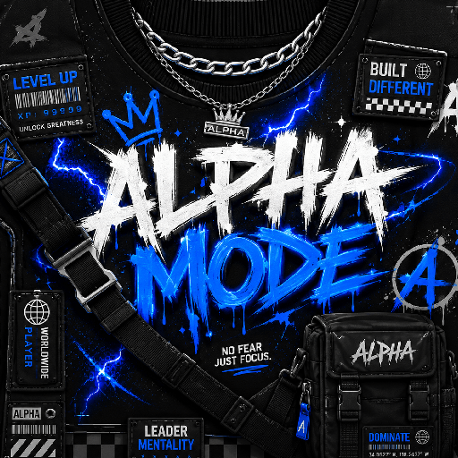 Thiết kế mặt trước áo Roblox phong cách alpha với chữ graffiti, tia sét xanh, dây xích và phụ kiện streetwear.