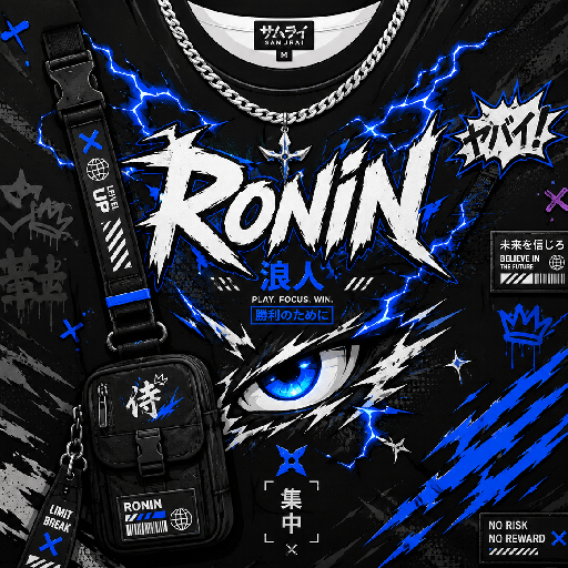 Thiết kế Roblox anime boy shirt tông đen với chữ Ronin, mắt anime xanh, hiệu ứng sét điện và phụ kiện streetwear cá tính.