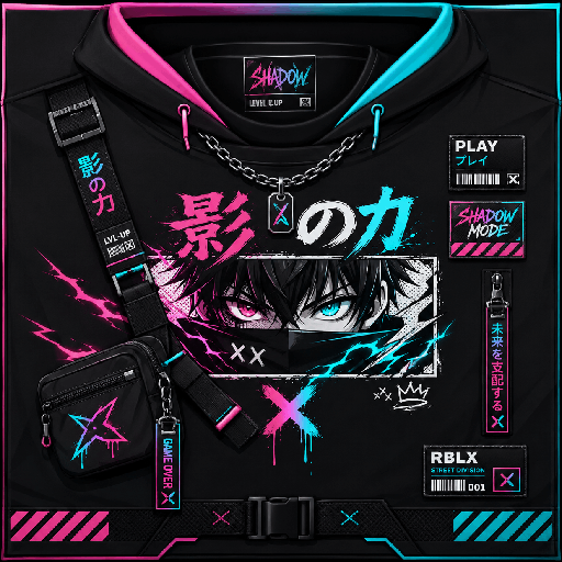 Thiết kế áo Roblox anime hoodie outfit tông đen với mũ hoodie, graphic mắt anime, điểm nhấn hồng xanh neon và phụ kiện streetwear cá tính.