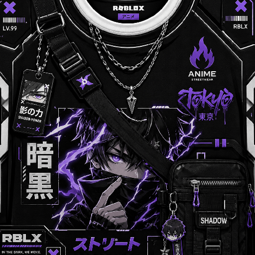 Thiết kế Roblox anime streetwear tông đen với nhân vật anime, hiệu ứng sét tím, dây đeo chéo và phụ kiện streetwear cá tính.