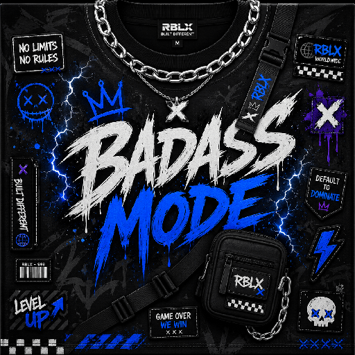 Thiết kế mặt trước áo Roblox phong cách mạnh mẽ với chữ graffiti, tia sét xanh, dây xích và phụ kiện streetwear.