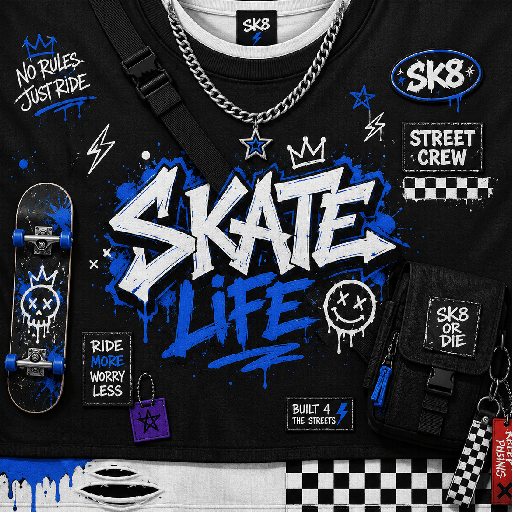 Thiết kế Roblox baggy skater outfit màu đen với chữ Skate Life, ván trượt, dây xích và họa tiết graffiti xanh trắng.