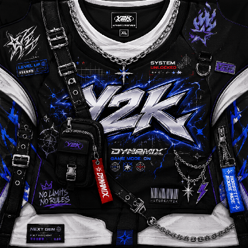 Thiết kế áo Roblox baggy Y2K outfit màu đen trắng với logo Y2K chrome, dây xích, túi đeo và điểm nhấn xanh điện.